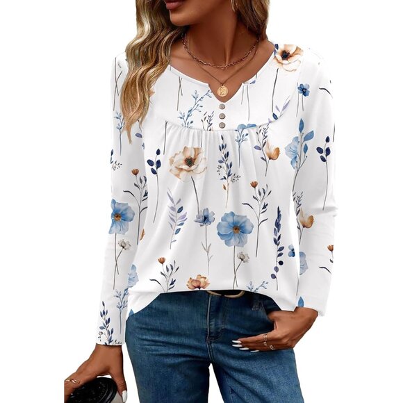 Women's Boho Long Sleeve Blouse Casual Fall Winter Shirt with Buttons - Picture 2 of 5